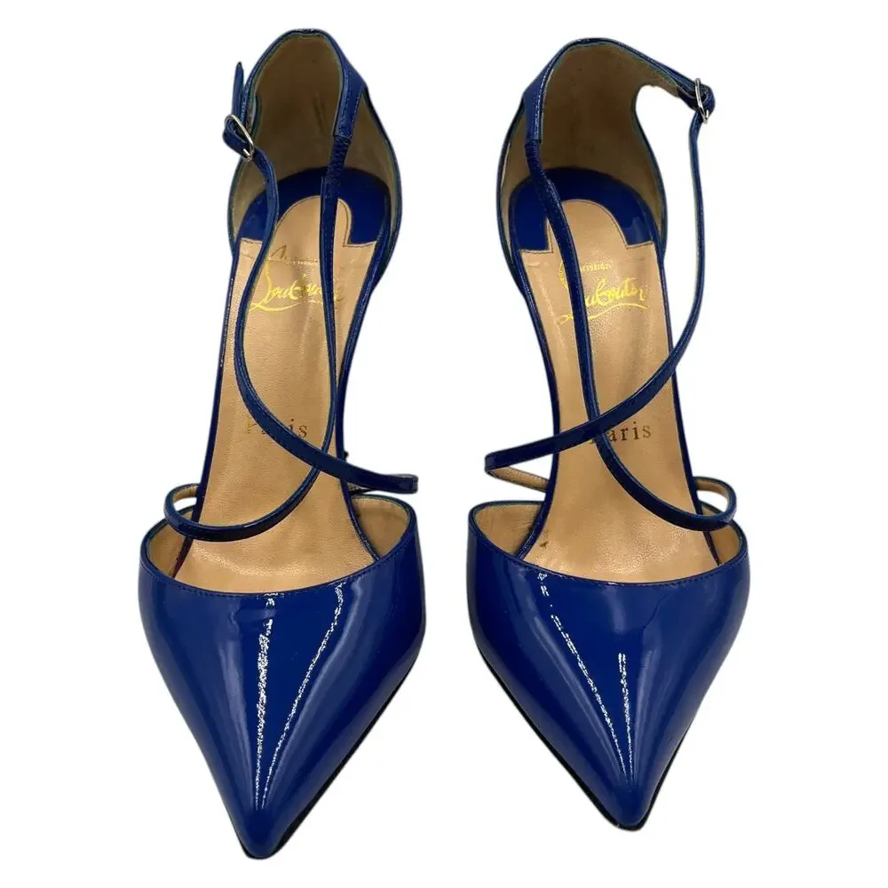 Christian Louboutin Pumps Heels Cross Blake 100 Patent Leather Electric Blue 37